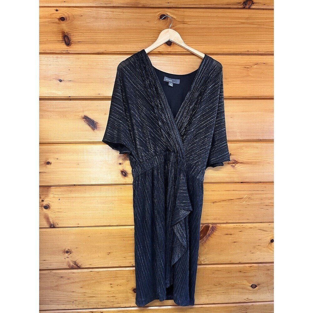 Donna Ricco Black Silver Slinky Metallic Blouson V-Neck Party Dress 16